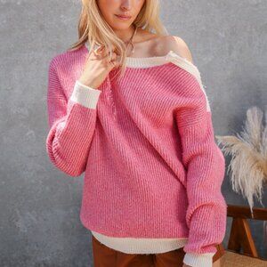 LUMIERE Ribbed Sweater, White Trim, Cozy Knit Pullover